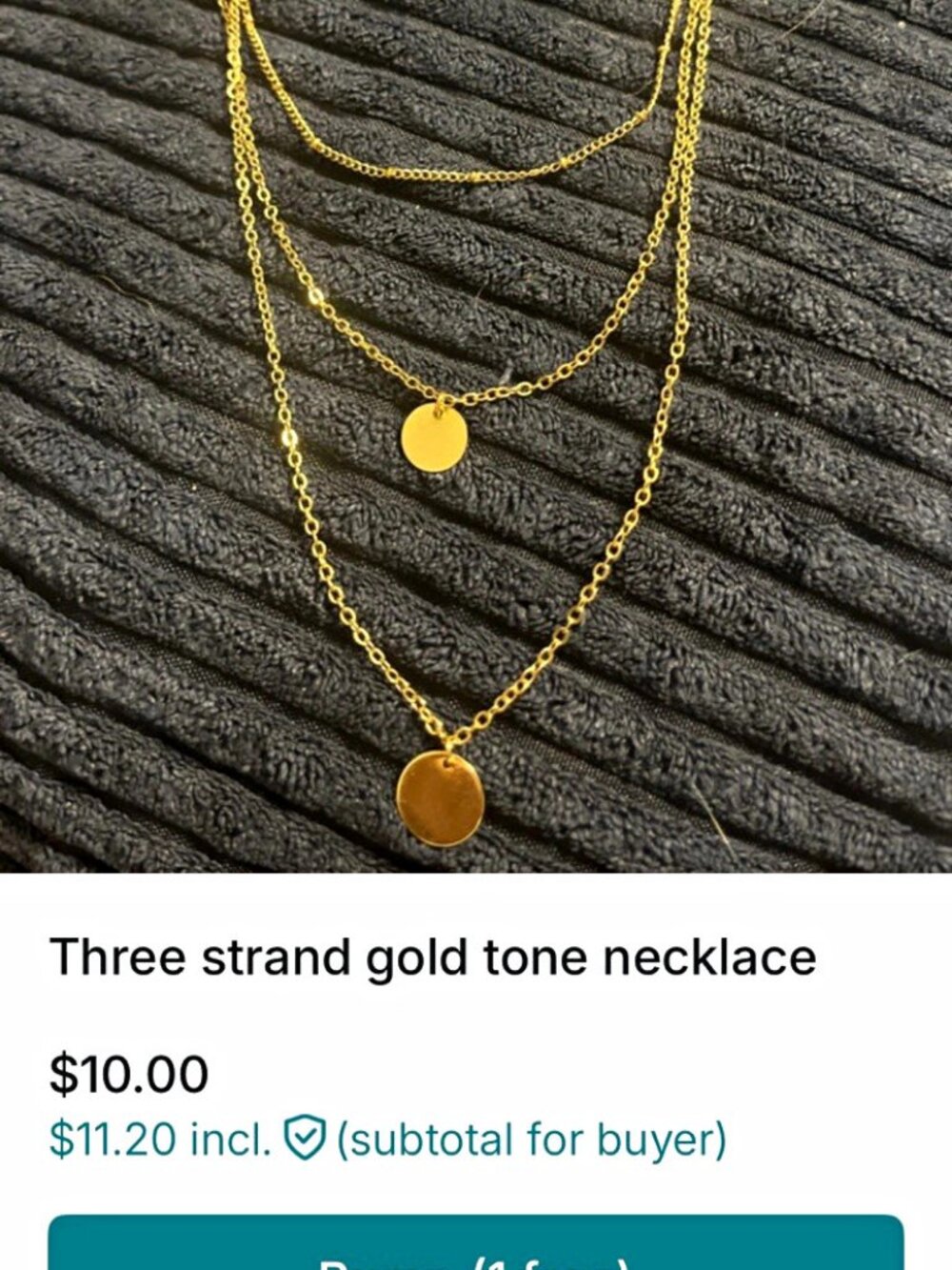 Three-Strand Layered Gold Tone Cable Chain Necklace w/ Round Disc Charms